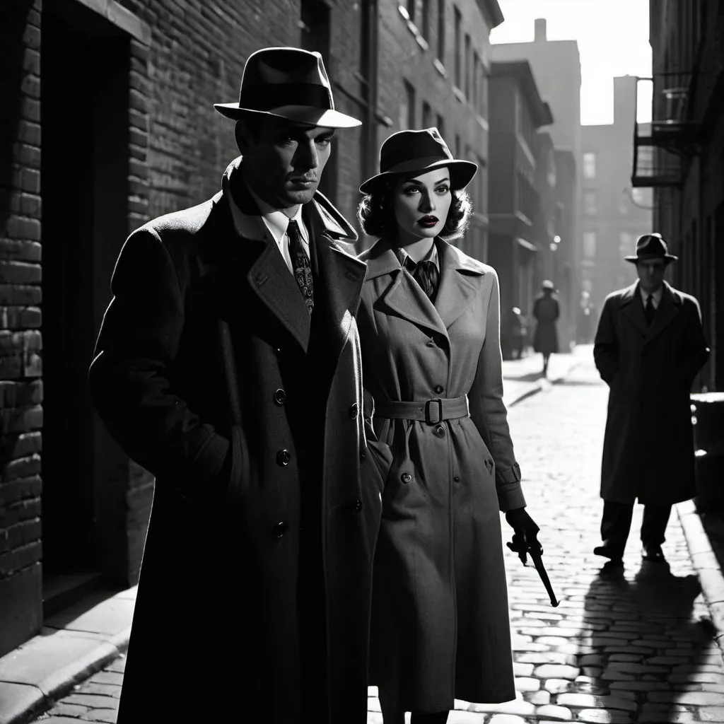 Prompt: High contrast film noir image of a detective and a mysterious woman, 1950s setting, cobblestone alleyway, long shadows, city backdrop, 35mm film, detailed facial expression, noir style, black and white, dramatic lighting, urban noir, retro, mystery, intense gaze, vintage coat, fedora, mysterious woman, trenchcoat, holding revolver, atmospheric lighting