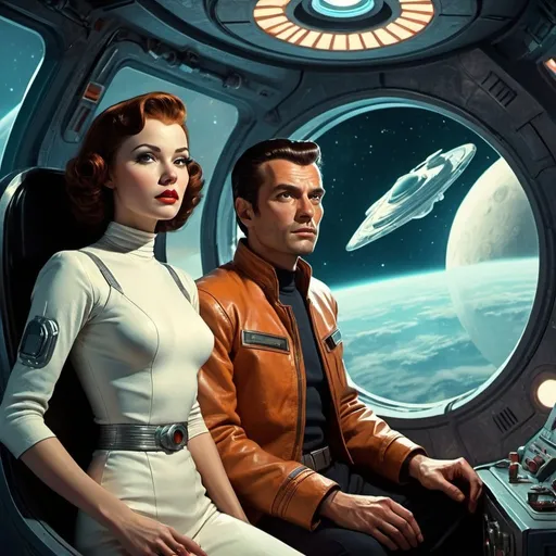 Prompt: Man and woman on a spaceship, pulp sci-fi style, dramatic lighting, detailed retro-futuristic interior, high quality, pulp, sci-fi, dramatic lighting, retro-futuristic, detailed characters, spaceship interior