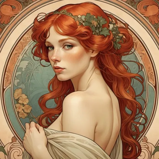 Prompt: a beautiful redheaded woman in the style of Alphonse Mucha