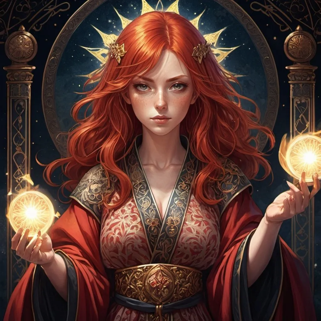 Prompt: Anime illustration of a red-haired woman, ornate robe, dramatic lighting, tarot card style, highres, detailed, anime, mystical, red hair, detailed gossamer robe, dramatic lighting, tarot card, professional, atmospheric lighting