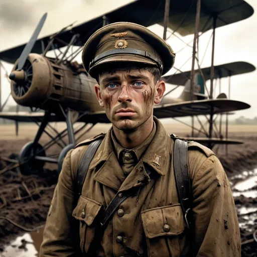 Prompt: WW1 Anzac soldier in muddy no-mans-land, near barbed wire fencing, looking up at 1917 era biplane, realistic oil painting, intense and somber atmosphere, earthy tones, focused gaze, detailed facial features, muddy ground, historical accuracy, war, intense lighting, gritty realism, high quality, realistic, historical, earthy tones, somber atmosphere, detailed facial features, intense lighting, muddy ground