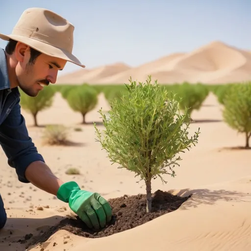 Prompt: Planting trees In a desert, turning it green