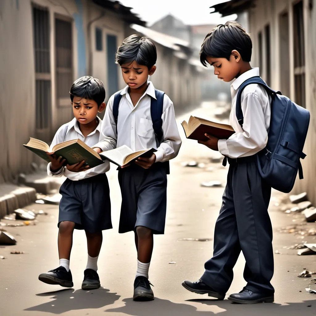 Prompt: An image of a poor and a rich boy, the rich boy dressed in smart school uniform has a book on his hand and he tears of the pages and drops as he walks while the poor boy, dressed in torn clothes follows him collecting the pages and trying to read them, then attaching them together to reform the book. The rich boy seems angry and dull while the poor boy seems happy and bright on the face.