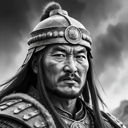 Prompt: Grayscale Genghis Khan realistic portrait after a fierce battle blurred artistic background