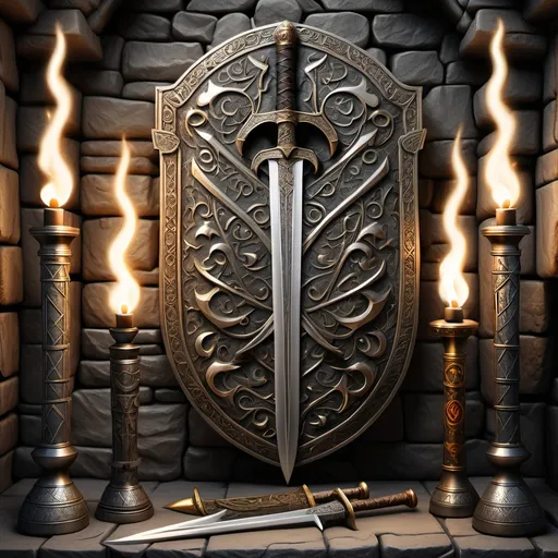 Prompt: A highly detailed and realistic digital artwork of an ancient weaponry collection, including swords, shields, and spears, arranged in an ornate display. The weapons feature intricate engravings, glowing runes, and polished metallic surfaces, reflecting a sense of craftsmanship and history. The background is a dimly lit stone wall with torches casting flickering shadows, evoking a medieval or fantasy atmosphere.