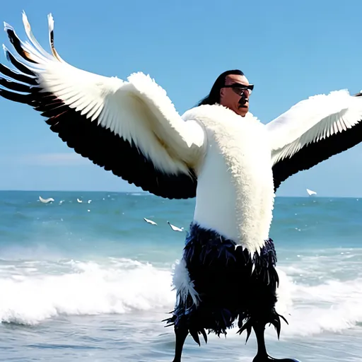 Prompt: A comical depiction of Steven Seagal dressed in a feathery seagull costume, spreading his wings menacingly