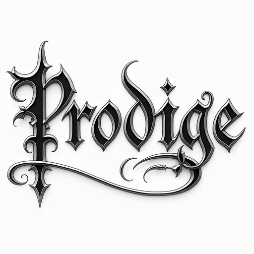 Prompt: The image features the word "Prodige" rendered in an ornate, gothic-style font, characterized by its sharp angles and intricate curves. The letters are bold and elegantly stylized, with a combination of thick and thin strokes that create a sense of depth and artistry. A graceful flourish extends from the letter "g," adding a dynamic element that enhances the overall composition. The monochromatic color scheme emphasizes the sophistication of the typography, evoking a sense of classic artistry. This design conveys a mood of creativity and excellence, suggesting themes of mastery or exceptional talent.