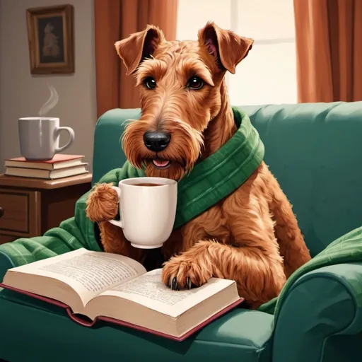 Prompt: A cute Irish Terrier sitting on the couch in a blanket and reading a book with a cup of tea next to it in comic style