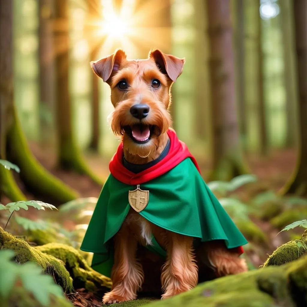 Prompt: Cute Irish Terrier wearing a cape in a mystical forest around sunlight