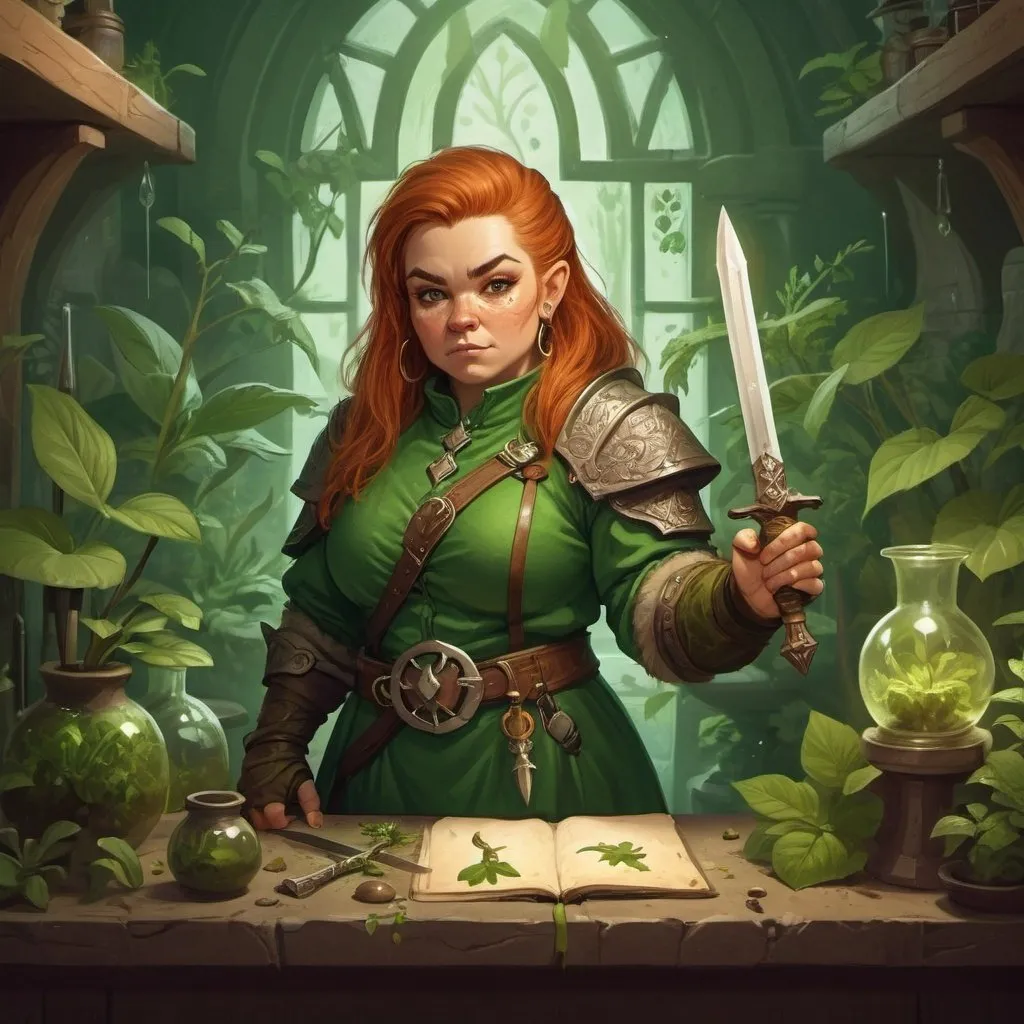 Prompt: Female dwarf character dressed in green clothing, holding a Mystical dagger in a botanical laboratory, fantasy character art, illustration, dnd, warm tone