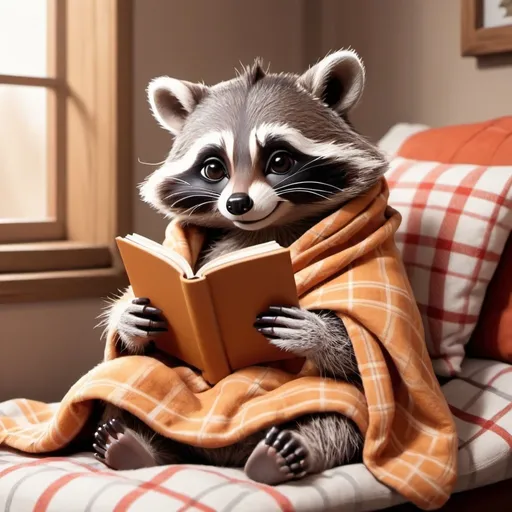 Prompt: A cute racoon is reading a book cuddled up in a blanket with a cup of tea in cartoon style