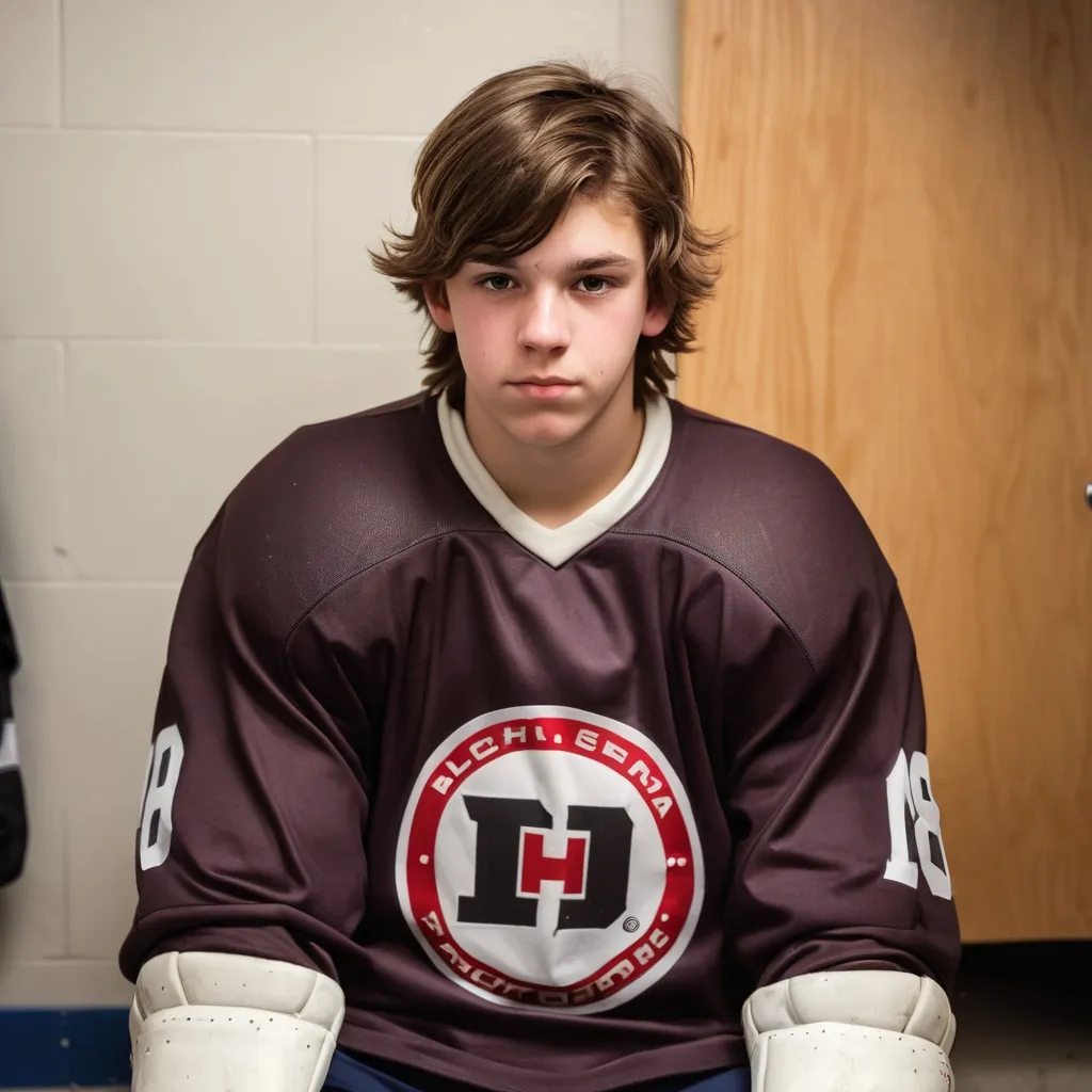 Prompt: Tallish 18 year old  boy with brown hair, sitting in a lockeroom with hockey gear on