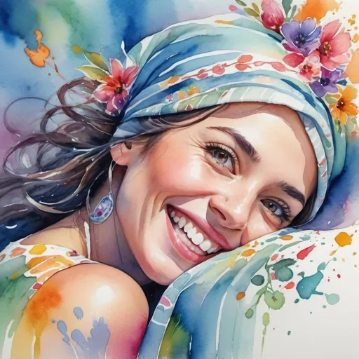 Prompt: Vibrant watercolor portrait of Olívia, flowing floral patterns, vivid and lively colors, high-quality, watercolor painting, bright and cheerful, detailed features, expressive eyes, radiant and confident smile, joyful and carefree, colorful background, energetic and vibrant, artistic, professional, lively lighting.