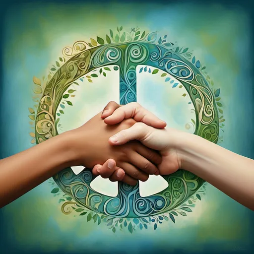 Prompt: Imagine an image where two hands are joined together in a gesture of unity and peace. On the hands, you could have words like " peace " artistically written. These words could be in different fonts and colors to add a sense of diversity and vibrancy. The background could be a soft gradient of blues and greens, symbolizing calmness and nature. You can add a dove which flies away and you can add peace like "paz," "shalom," "salaam," "ειρήνη" and "平和" to reflect a universal message. If you have access to graphic design software or an artist, they could bring this concept to life beautifully!