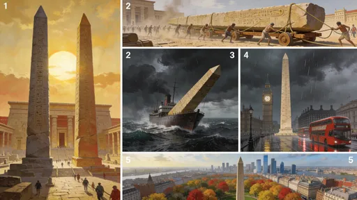Prompt: 1.  Scene 1 (Ancient Egypt):
    A wide cinematic shot of two massive ancient Egyptian granite obelisks standing tall in front of a temple in ancient Heliopolis under a bright golden sun. Hieroglyphics are deeply carved. The year is 1450 BC. --ar 16:9

2.  Scene 2 (Roman Move):
    Ancient Roman engineering moving a massive Egyptian obelisk on wooden rollers and ropes in Alexandria, dusty atmosphere, hundreds of workers pulling. Historical painting style. --ar 16:9

3.  Scene 3 (Sea Journey):
    A specially constructed iron vessel carrying a huge obelisk struggling in stormy ocean waves during the 19th century, dark cloudy skies, dramatic lighting. --ar 16:9

4.  Scene 4 (London):
    An ancient Egyptian obelisk standing on the Victoria Embankment in London, modern day, red double-decker buses passing by, gloomy rainy weather, Big Ben in the background. Hyper-realistic. --ar 16:9

5.  Scene 5 (New York):
    An aerial drone shot of Cleopatra's Needle obelisk in Central Park, New York City, surrounded by autumn trees and modern skyscrapers in the background, sunny day. --ar 16:9