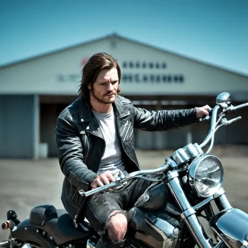 Prompt: Chopper motorcycle rider with rugged appearance, leather jacket, intense expression, urban setting, detailed chrome details, high quality, realistic rendering, gritty, dramatic lighting, vintage vibes