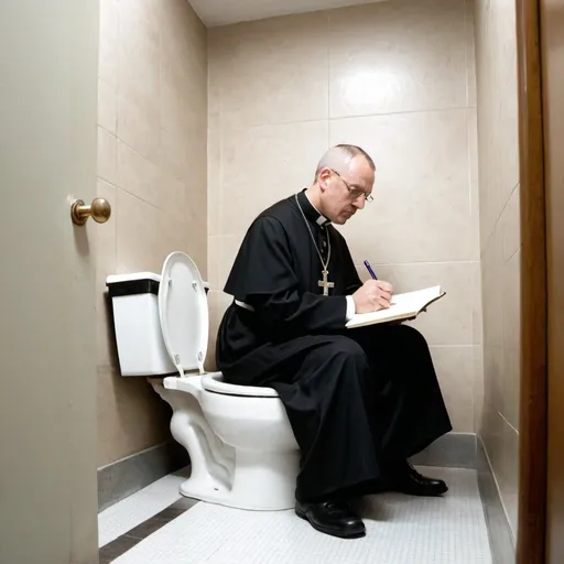 Prompt: A priest sitting on the toilet, writing
