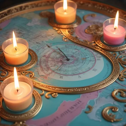 Prompt: Map of possibilities. Candles. Sherbet. Woven music and the scent of imagination. Wonderfully disorienting. Neptune magic. Story of time.  Gilded and delicate. Swirls of creative genius