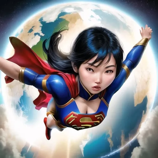 Prompt: An Asian female supergirl flying above the earth