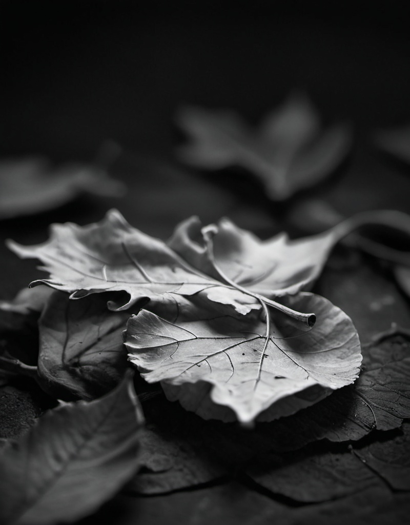 Prompt: Close up on dead leaves in the style of Paul Barson, black and white, black background, leaving space to insert an element in the top right corner