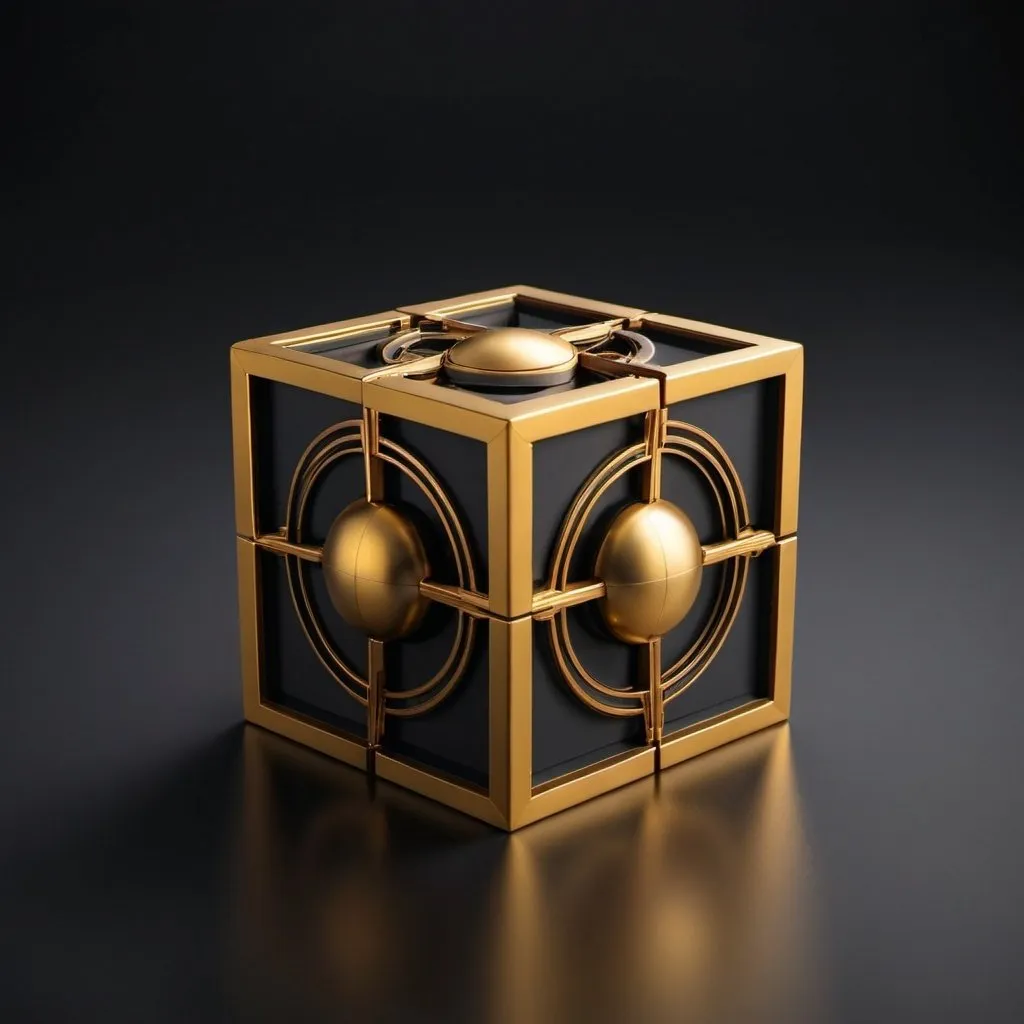 Prompt: a dark golden cube with something like a gyroscope in the middle