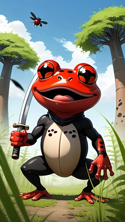 Prompt: anime style, 
Trees around, 3 baobabs, thick grass, ferns, sunny day, blue sky, little bit of clouds, ladybugs flying around,
Humanoid red frog with black dots, red eyes with black pupils, scar on left eye, angry look, cartoon angry brows with a ninja costume , tongue pulled out and turning around, with a an american fist on the left hand and a katana poiting forward 