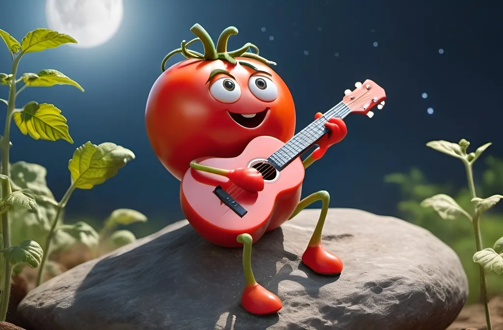 Prompt: A humanoid red Tomato is sitting on a rock and  whistling and looking the sky while playing guitar 