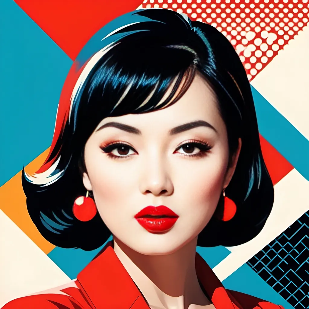 Prompt: Tokyo Woman with bright red lips, conceptual, in the style of modern pop art print illustration, multiple prints repeated, very bright colors, geometric forms, 1960s, spy movie Action pose, 2d