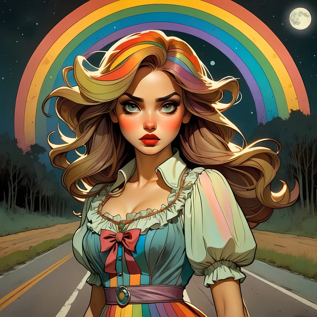 Prompt: by Alphonse Mucha & Sam Guay & Francesco Francavilla :: Lost angry dishevelled furious cute sorority president wearing dirty tattered rainbow dress on lonely road on moonlit night :: sinister, horror