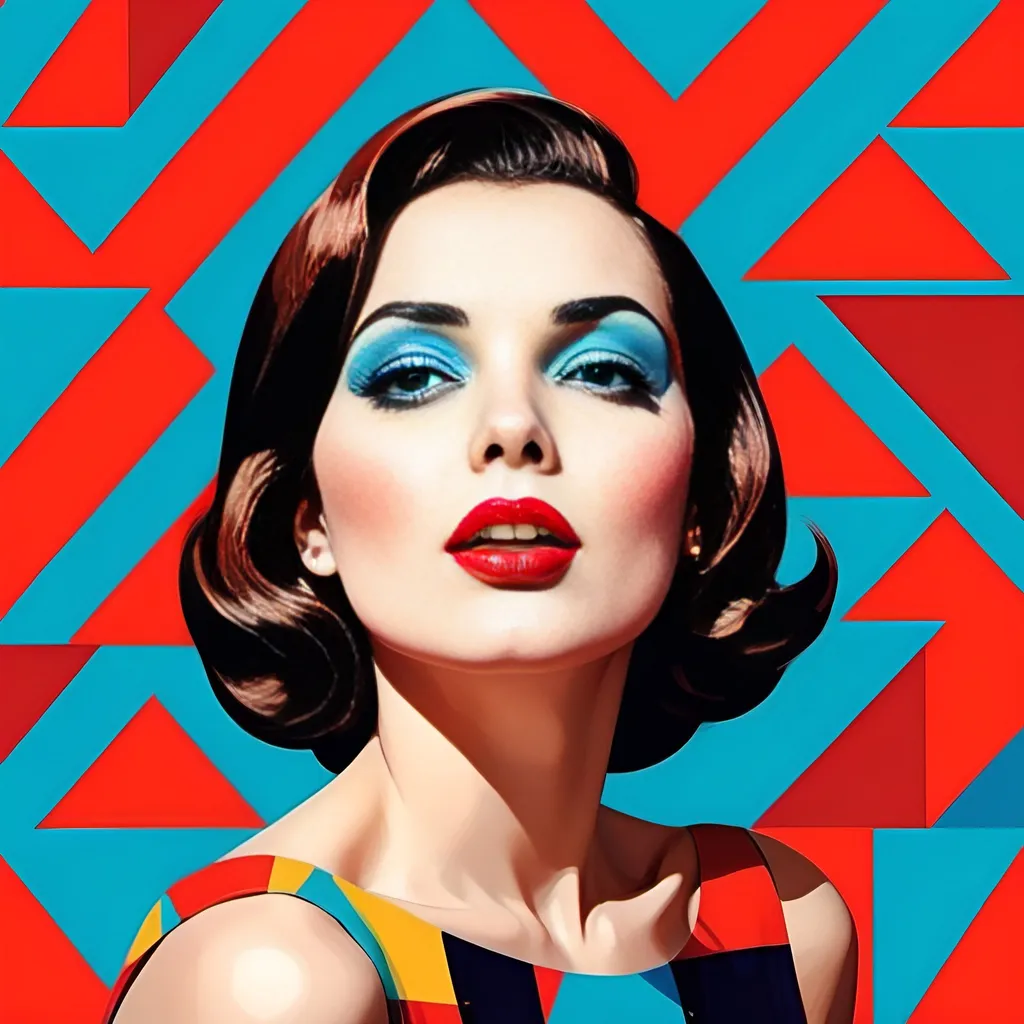 Prompt: Woman with bright red lips, in the style of modern pop art print illustration, multiple prints repeated, very bright colors, geometric forms, 1960s, spy movie Action pose, 2d