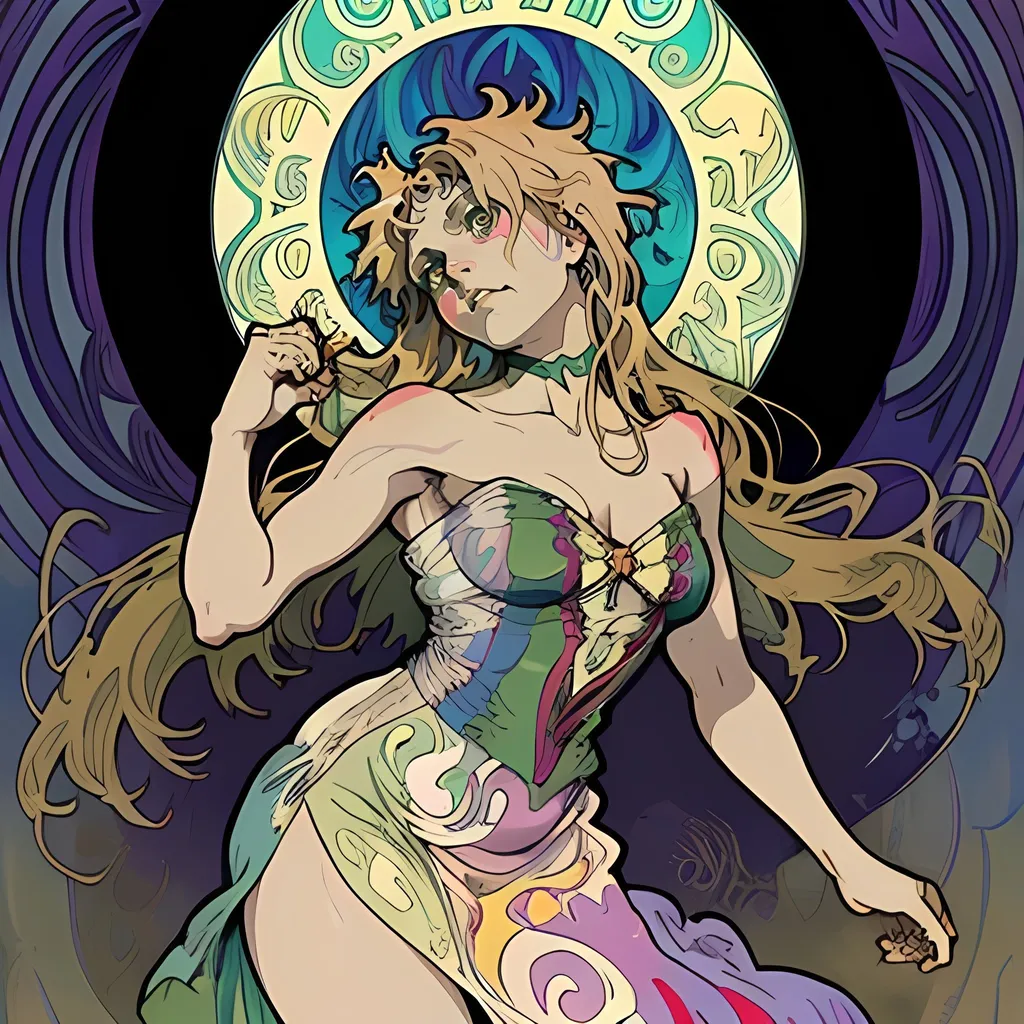 Prompt: by Alphonse Mucha & Sam Guay & Francesco Francavilla :: Lost angry dishevelled furious cute sorority president wearing dirty tattered rainbow dress on lonely road on moonlit night :: sinister, horror