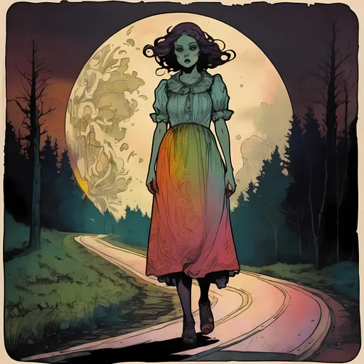 Prompt: by Alphonse Mucha & Sam Guay & Francesco Francavilla :: Lost angry dishevelled furious cute sorority president wearing dirty tattered rainbow dress on lonely road on moonlit night :: sinister, horror