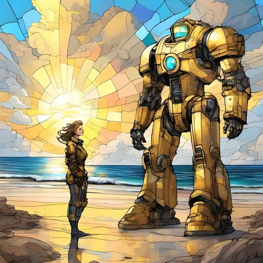 Prompt: Majestic masterful Stained glass art, Ultrarealistic gold solder, warm feeling, woman in a towering mechsuit from a vault-tec vault, standing on the beach, fallout video game, cloud, horizon, island, lightning, ocean, outdoors, sand, shore, sky, nuclear explosion cloud far away, water, waves