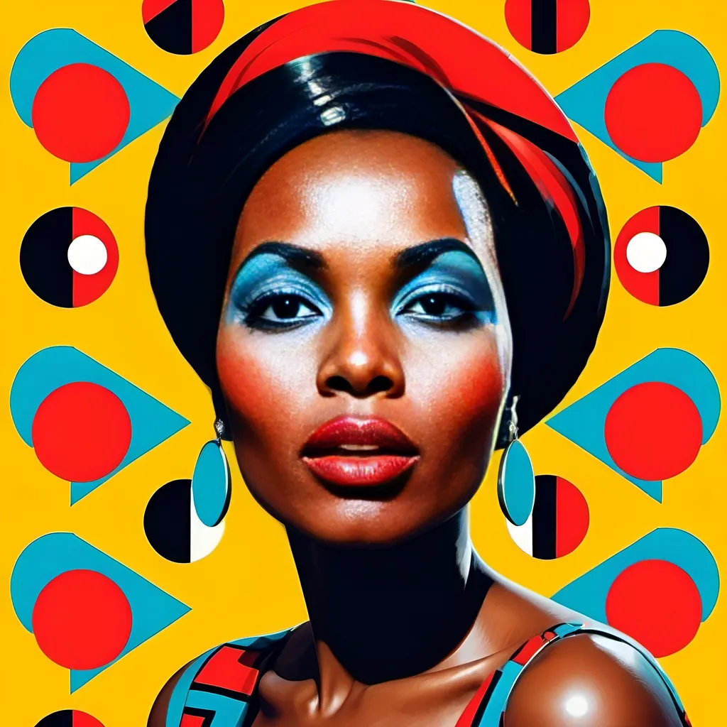 Prompt: Kenyan Woman with bright red lips, conceptual, in the style of modern pop art print illustration, multiple prints repeated, very bright colors, geometric forms, 1960s, spy movie Action pose, 2d