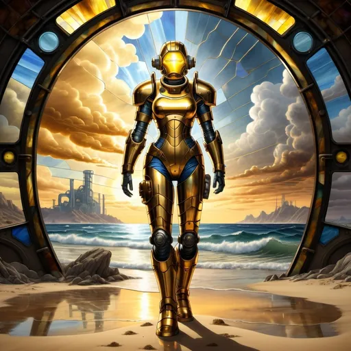 Prompt: Majestic masterful Stained glass art, Ultrarealistic gold solder, warm feeling, woman in a towering mechsuit from a vault-tec vault, standing on the beach, fallout video game, cloud, horizon, island, lightning, ocean, outdoors, sand, shore, sky, nuclear explosion cloud far away, water, waves