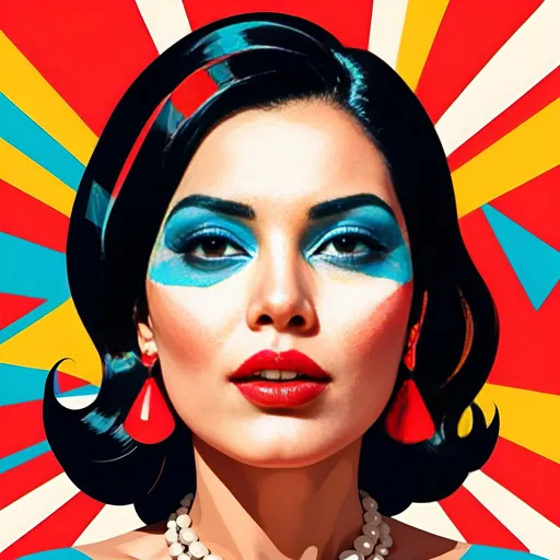 Prompt: Peruvian Woman with bright red lips, conceptual, in the style of modern pop art print illustration, multiple prints repeated, very bright colors, geometric forms, 1960s, spy movie Action pose, 2d