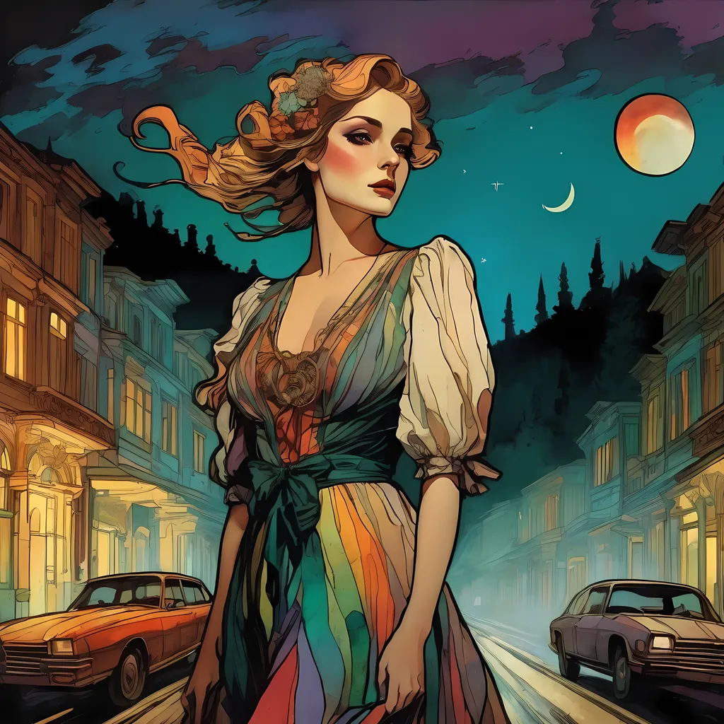 Prompt: by Alphonse Mucha & Sam Guay & Francesco Francavilla :: Lost angry dishevelled furious cute sorority president wearing dirty tattered rainbow dress on lonely road on moonlit night :: sinister, horror
