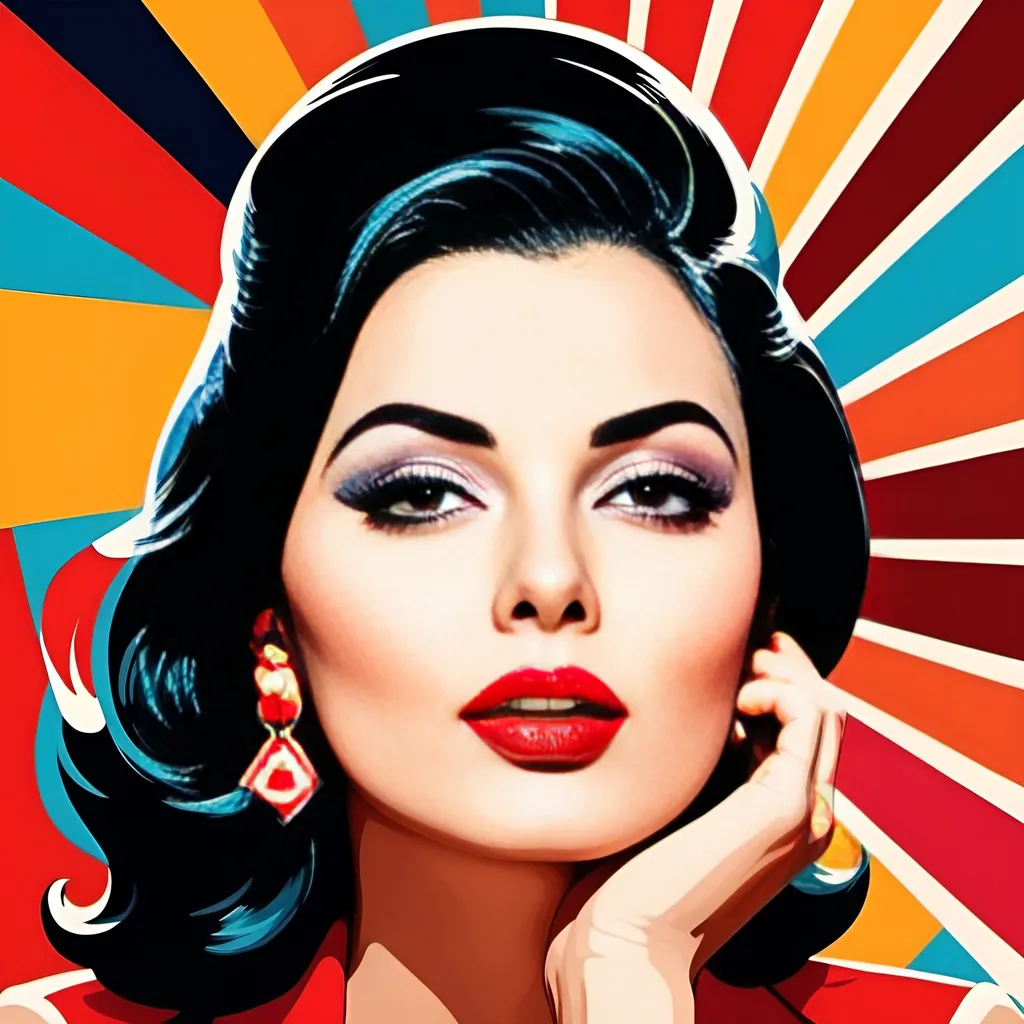 Prompt: Mumbaikar Woman with bright red lips, conceptual, in the style of modern pop art print illustration, multiple prints repeated, very bright colors, geometric forms, 1960s, spy movie Action pose, 2d