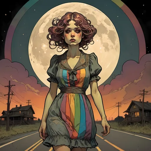 Prompt: by Alphonse Mucha & Sam Guay & Francesco Francavilla :: Lost angry dishevelled furious cute sorority president wearing dirty tattered rainbow dress on lonely road on moonlit night :: sinister, horror