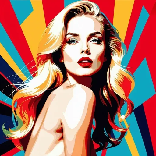 Prompt: Fully_Naked, blonde long-haired Woman with bright red lips, conceptual, glamour, boudoir, dramatic, long legs, in the style of modern pop art print illustration, very bright colors, Action pose