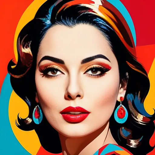 Prompt: Mumbaikar Woman with bright red lips, conceptual, in the style of modern pop art print illustration, multiple prints repeated, very bright colors, geometric forms, 1960s, spy movie Action pose, 2d