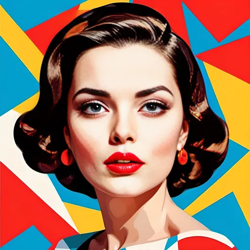 Prompt: Ukrainian Woman with bright red lips, conceptual, in the style of modern pop art print illustration, multiple prints repeated, very bright colors, geometric forms, 1960s, spy movie Action pose, 2d