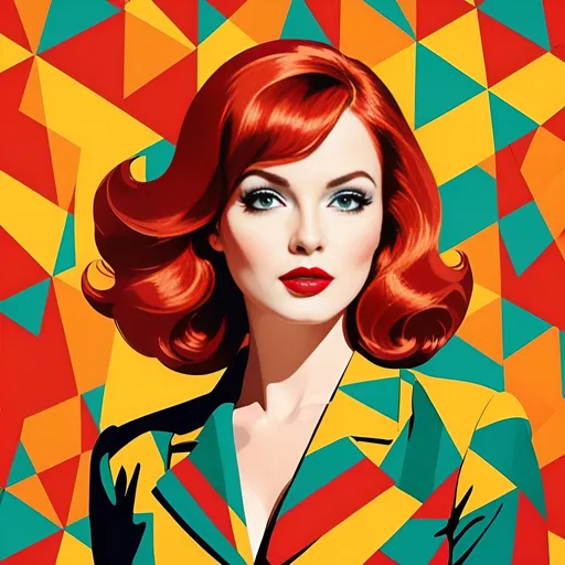 Prompt: Irish redhead Woman with bright red lips, conceptual, in the style of modern pop art print illustration, multiple prints repeated, very bright colors, geometric forms, 1960s, spy movie Action pose, 2d