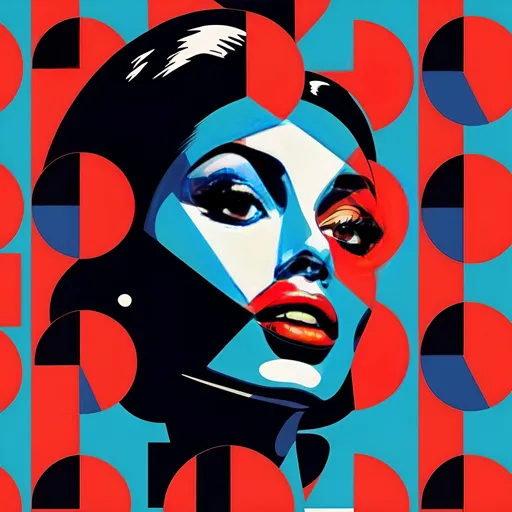 Prompt: Kenyan Woman with bright red lips, conceptual, in the style of modern pop art print illustration, multiple prints repeated, very bright colors, geometric forms, 1960s, spy movie Action pose, 2d
