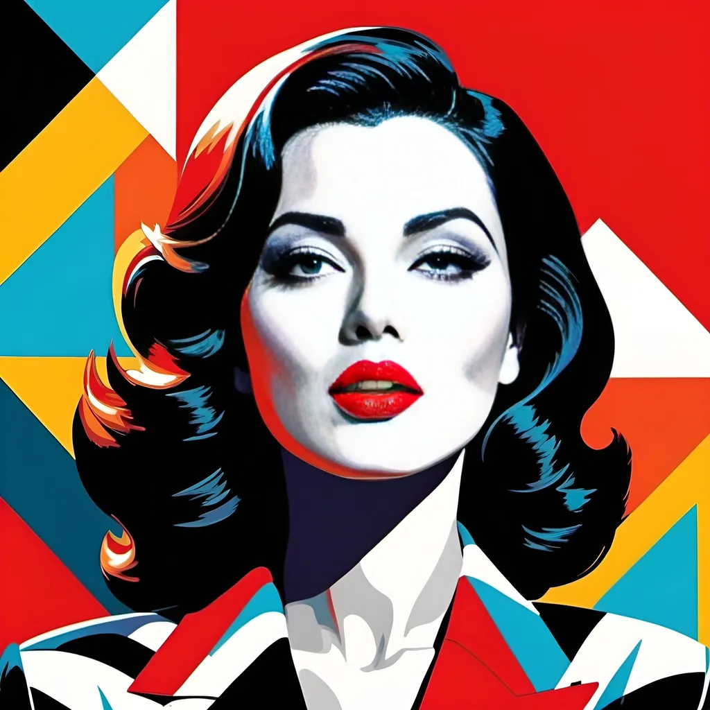 Prompt: Montreal Woman with bright red lips, conceptual, in the style of modern pop art print illustration, multiple prints repeated, very bright colors, geometric forms, 1960s, spy movie Action pose, 2d