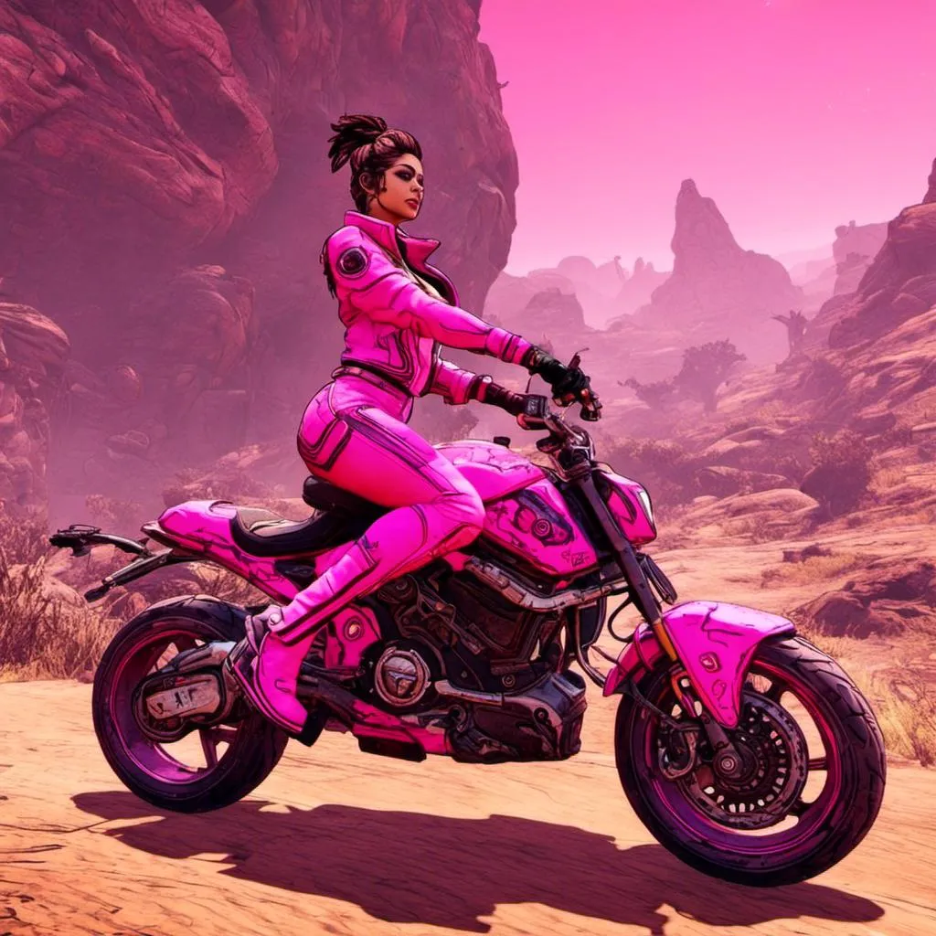 Prompt: <mymodel> Goddess in a bright pink lingerii suit, riding a motorbike, dominating the wasteland