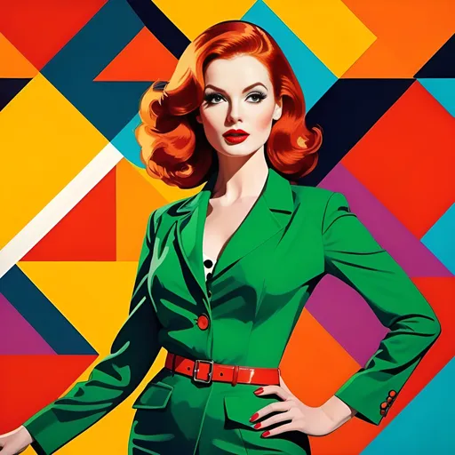 Prompt: Irish redhead Woman with bright red lips, conceptual, waist up, long legs, in the style of modern pop art print illustration, multiple prints repeated, very bright colors, geometric forms, 1960s, spy movie Action pose, 2d