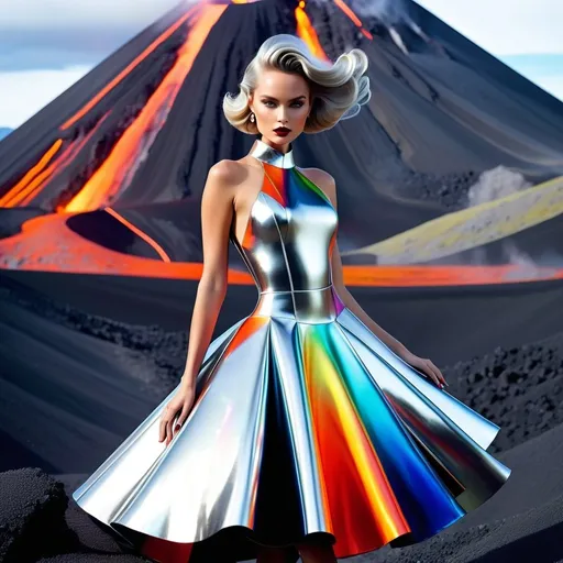 Prompt: vogue full body editorial photoshoot of glamorous goddess, wearing a colorful futuristic metal shiny dress, inside active volcano caldera, retro futurism style, Silver Grey updo, dynamic pose, Tim Walker --stylize 250.0