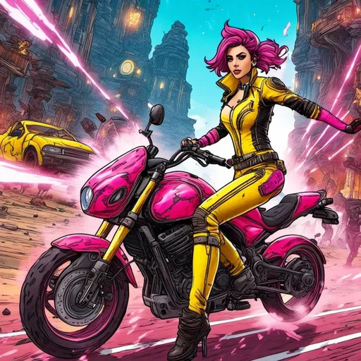Prompt: <mymodel> Goddess in a bright pink and yellow leather and latex catsuit, riding a motorbike, chased by bandits, explosions in the background