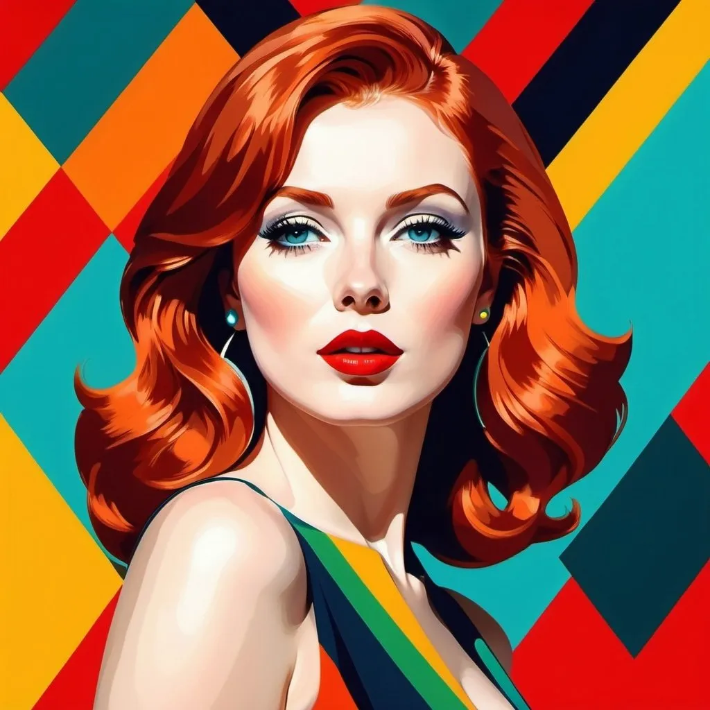 Prompt: Irish redhead Woman with bright red lips, conceptual, waist up, in the style of modern pop art print illustration, multiple prints repeated, very bright colors, geometric forms, 1960s, spy movie Action pose, 2d